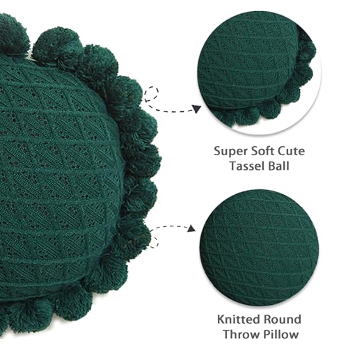 Acrylic Knitted Round Throw Pillow Knitting Bohemian Circular Cushion Pillow with Knit Handmade Pompoms Decorative Dark Green, Diameter 18inches - color: Dark Green
