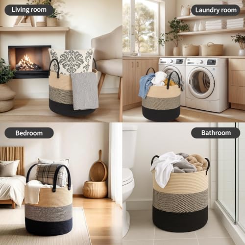 ShellKingdom Laundry Basket, Natural Rope Woven Storage Basket with Handles for Home, Living Room, Laundry, Storage Organizer for Blankets, Clothes, Plant, Toys, 15.7 x 13.8 INCH (3-Toned Khaki Black) - color: 3-Toned Khaki Black, size: 38L