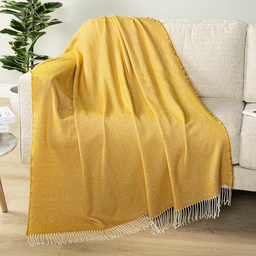 PAVILIA Yellow Herringbone Throw Blanket for Couch Bed, Decorative Outdoor Throw Blanket, Faux Cashmere Blanket Throw, Lightweight Accent Sofa Blanket Throw, 50x60 - color: Herringbone - Yellow, size: 50 X 60 Inches - Throw
