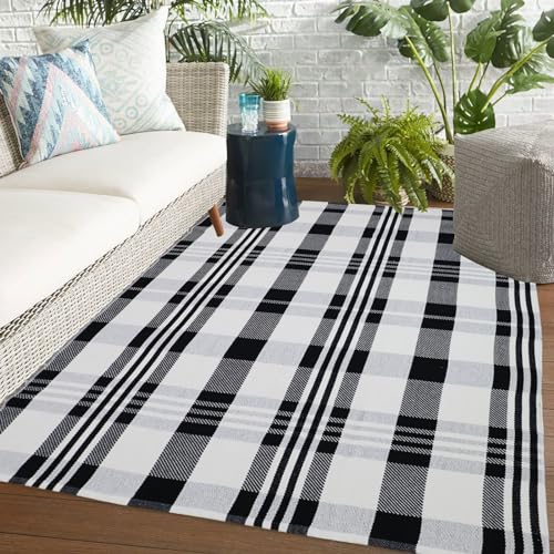 Fall Décor Plaid Rug, 4' x 6' Black&White Check Indoor/Outdoor Area Rug, Layering Rug for Hello/Welcome Door Mat, Machine Washable Cotton Woven Rugs for Farmhouse Front Porch, Entryway - color: Black & White Plaid X, size: 4' x 6' (Rectangular)