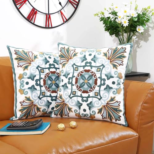 Onelsong Decorative Throw Pillow Covers for Couch Living Room 18x18 inches Set of 2 Embroidery Square Boho Throw Pillows Cover for Sofa Chair Bed - color: 2pk-teal&blue&tan