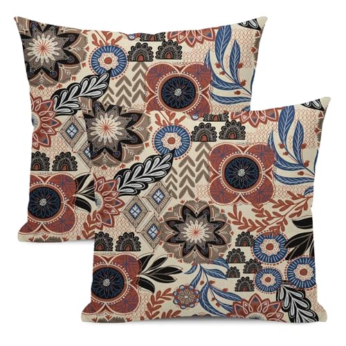 Boho Brown Blue Pillow Covers 18x18 Set of 2, Abstract Mid Century Neutral Outdoor Decorative Botanical Tropical Leaves Throw Pillows Retro Flower Couch Cushion Case for Chair Sofa Bedroom - color: Vc8, size: 18" x 18" (Pack of 2)