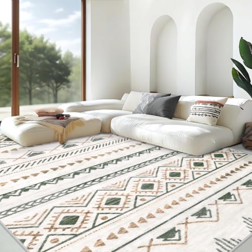 Area Rug for Living Room 10x14: Large Washable Boho Moroccan Rugs Geometric Neutral Rug, Non-Slip Foldable Morden Farmhouse Indoor Floor Carpet for Bedroom Dining Room Home Office（Brown Green,10'x14'） - color: Brown/Green, size: 10' X 14' (Rectangular)