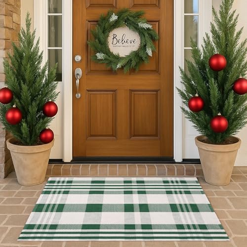 Christmas Green & White Check Rug - 28 x 43 Inches Outdoor Front Door Decor Mat Cotton Washable Hand-Woven Rug Christmas New Year Holiday Porch Entryway Layered Doormat - color: Grass Green & White Check, size: 2'4" x 3'7" (Rectangular)