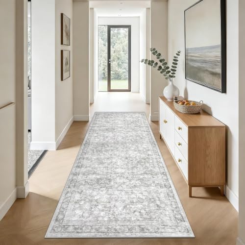2x8 Hallway Runner Rug: Washable Vintage Floral Entryway Rugs Low Pile Non-Slip Boho Carpet for Kitchen, Bedroom, Bathroom, Dining Room (Grey, 2'x8') - color: Grey, size: 2' x 8' (Rectangular)