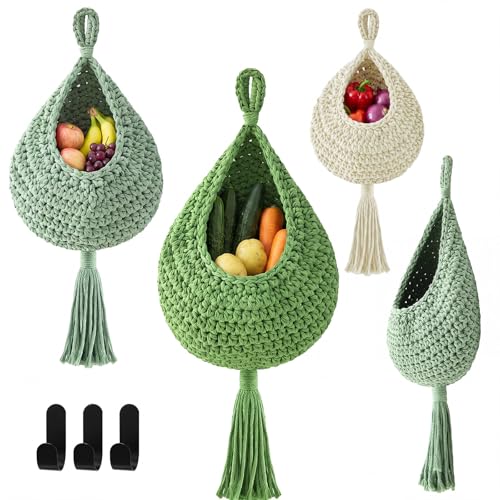 Honeydak Boho Decor Hanging Wall Baskets for Kitchen 3 Pack Teardrop Baskets with Hooks Storage Fruit Onion Vegetable Potato for Home 3 Sizes(Sage Color Palette,Tassel,Cotton Rope) - color: Sage Color Palette, size: Cotton Rope, style: Tassel