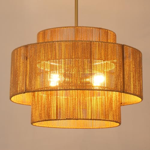 24.2 inch Boho Rattan Chandeliers for Dining Room, 4-Light Large Boho Pendant Light Rustic Drum Chandelier Farmhouse Rattan Light Fixtures for Kitchen Island Foyer Bedroom (Gold), 70.8"H Max