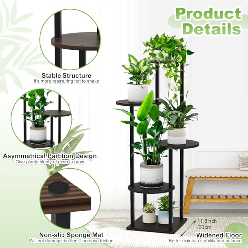 5 Tier Wood Tall Plant Stand Metal Rack Indoor, Multiple Flower Pot Holder Shelves Corner Rack, Round Planter Shelf Display Rack Storage Organizer for Patio Living Room Balcony(Black+Oak) - color: Black+Oak, size: 5 Tier