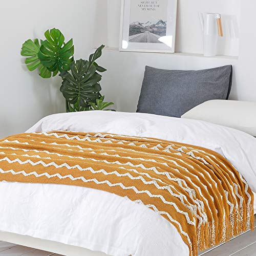 BOURINA Fluffy Chenille Knitted Fringe Throw Blanket Lightweight Soft Cozy for Bed Sofa Chair Throw Blankets, Dark Gold 50" x 60" - color: A-mustard, size: 50"×60"