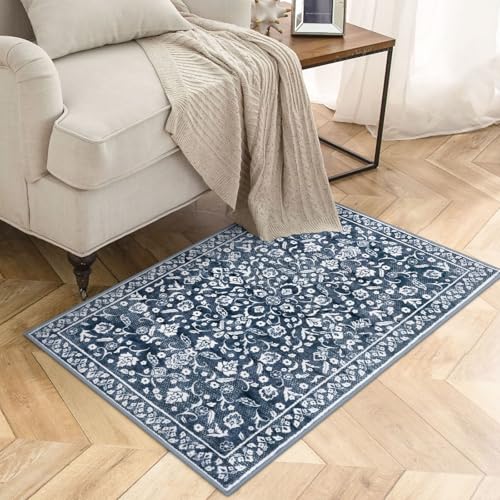 Vintage Entryway Rug Indoor, Navy Washable Rug 2x3, Small Area Rug with Non-Slip Backing, Floral Print Thin Faux Wool Super Soft Door Mat for Kitchen, Entrance, Bedroom, Office - color: Navy and White, size: 2' x 3' (Rectangular)