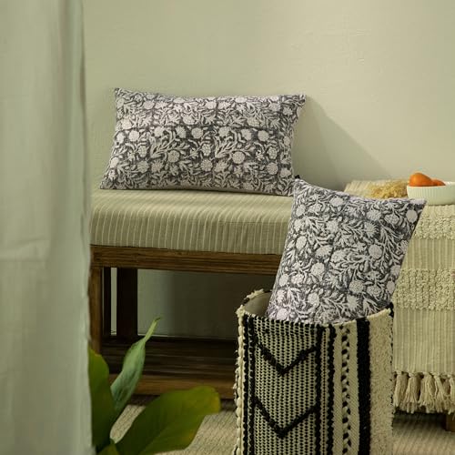 Handblock Printed Vintage Indian Cotton Decorative Throw Pillow Covers, Set of 2 (Shadow Grey, 12" x 20" (Pack of 2)) - color: Shadow Grey, size: 20" x 12" (Pack of 2)