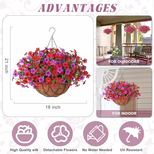 Artificial Silk Flowers Hanging Baskets Outdoors Indoors, Daisy with Eucalyptus Leaves Arrangement for Garden Yard Spring Summer Decor Faux Green Plant Metal Coconut Lining (Red Purple Red Brown) - color: Red Purple & Red Brown