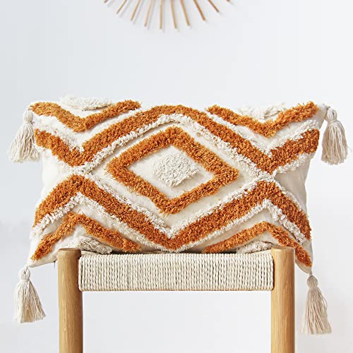 JOJUSIS Boho Lumbar Throw Pillow Covers with Handmade Tassels Decorative Woven Tufted Orange Pillowcase for Couch Bedroom 12 x 20 Inch Orange B - color: Orange B, size: 20" x 12" (Pack of 1)