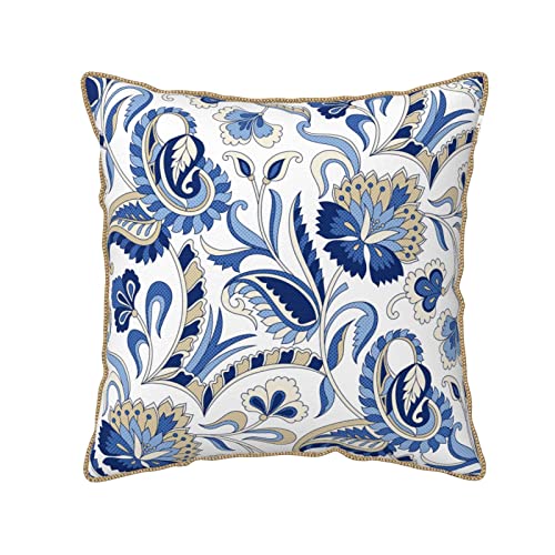 Blue Floral French Country Decorative Velvet Throw Pillow Covers Rustic Paisley Printed Pillowcase Square Pillow Case Cushion Cover Home Decor for Couch Sofa Bedroom Patio 18x18 Inch - color: Blue White Paisley, size: 18" x 18" (Pack of 1)