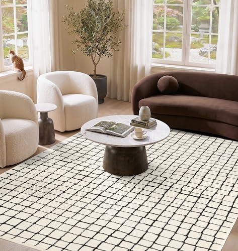 Abani Neutral Collection Cream Area Rug 5' x 8' for Living Room, Bedroom, Dining Room - Modern Design - Durable & Easy to Clean - color: Squares, size: 5' x 8' (Rectangular)