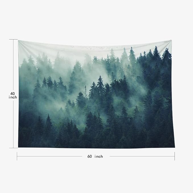 EMMTEEY Forest Tapestry Wall Art 60x40 - Misty Pine Mountain Scenery, Durable Nature Tapestry for Bedroom & Living Room Decor, Outdoor Green Tree Tapestries