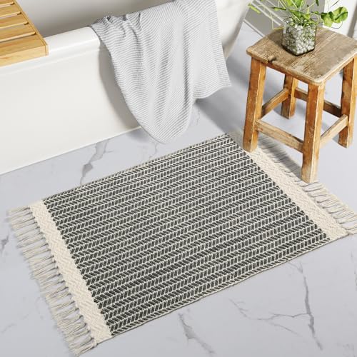 Lahome Belle Boho Bathroom Rugs, Small 2x3 Entry Rug Washable Front Door Bath Mat Woven Cotton Area Rug with Tassels, Farmhouse Non Shedding Lightweight Grey Throw Rug Low Pile Carpet for Kitchen - color: Grey, size: 2' x 3' (Rectangular)