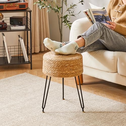 YMYNY Pouf Ottoman, Handmade Natural Water Hyacinth, Pastoral Style Footrest, Footstool with 4 Metal Legs Round Vanity Stool for Bedroom, Hallway, Living Room 12.59"L×12.59"W×17.71"H Natural UHBD029N - color: Natural Color