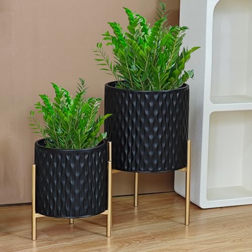 ARNIS Plants Pots with Stand, Set of 2 Planters, Unique Mid Century Decorative Metal Flower Pots with Drainage, 8.25 & 10.5 Inch, Black - color: Matte Black, size: 8.25 &10.5