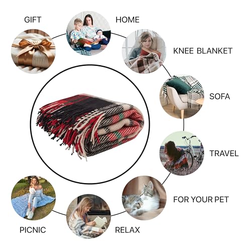 New Zealand Virgin Wool Throw Blanket, Indoor and Outdoor Blankets and Throws, Comfortable Soft Blanket with Fringes and Tartan Pattern, 67 x 79 in, Queen Size, Red and Black - color: Red-and-black
