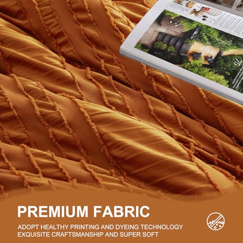 Burnt Orange Tufted Textured Comforter Set King Size, 7 Piece Bed in a Bag，Shabby Chic Boho Bedding for Bedroom Comforter，All Season Soft Microfiber Ruffle Comforter Set with Pillow and Sheets - color: Burnt-orange, size: King