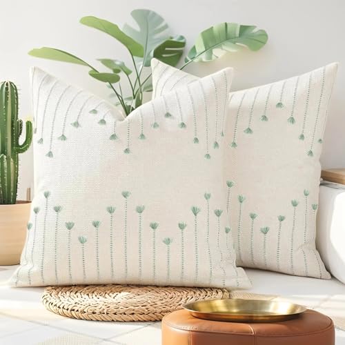 ZONYO Boho Throw Pillow Covers 18x18 Set of 2, Outdoor Textured Woven Cotton Decorative Cushion Covers with Fringe Tassel, Fade Resistant Washable for Couch Sofa Bed Patio Chair, Sage Green - color: Green, size: 18" x 18" (Pack of 2)