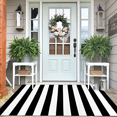 IOHOUZE Black White Striped Rug -4x6 Front Door Mats Outdoor,Washable Rug for Front Porch Decor,Spring Summer Welcome Mats Outdoor Indoor, Doormat for Farmhouse/Entryway/Home Entrance - color: Black White Stripe, size: 4' x 6' (Rectangular)