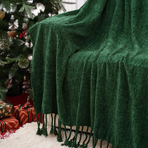 BATTILO HOME Christmas Green Chenille Throw Blanket, Soft Cozy Knit Blanket with Fringe Tassels, Lightweight Holiday Farmhouse Decor for Couch Sofa Bed Chair, 50"x60" - color: Christmas Green