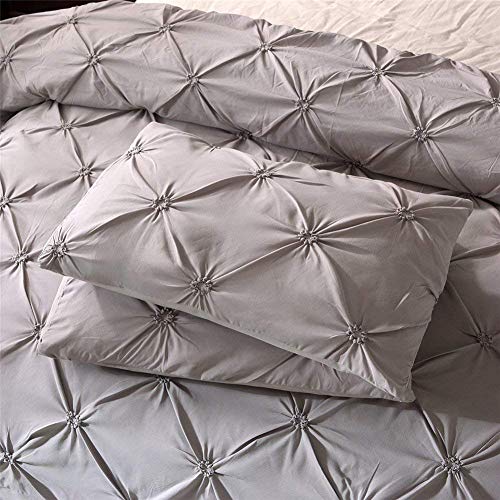 Feelyou Queen Duvet Cover Set Pinch Pleated, Soft Polyester Pintuck Tufted Style Bedding Sets Solid Grey Geometric Quilt Cover with 2 Pillow Shams, Luxurious Comforter Cover Set,3-Pieces - color: Grey, size: Queen