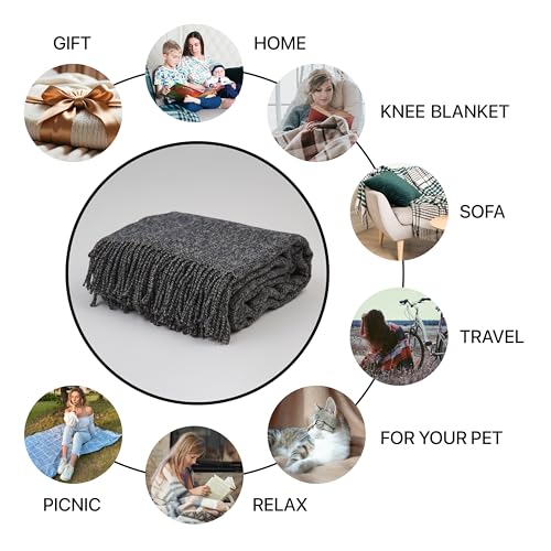 Merino Wool Throw Blanket, Indoor & Outdoor Blankets and Throws, Soft Blanket with Fringes, 65"x79" (170 x 200 cm) - color: Charcoal Blue, size: Queen (U.K. Standard)
