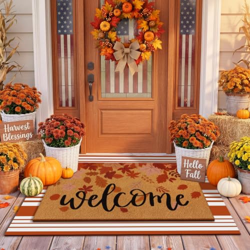 Moucuny 2 Pcs Fall Doormat Welcome Door Mat Outdoor Autumn Non Slip Coir Front Door Mat Orange and White Plaid Checked Rug for Fall Thanksgiving Indoor Outdoor Porch Entrance Decor (Maple Leaves) - style: Maple Leaves