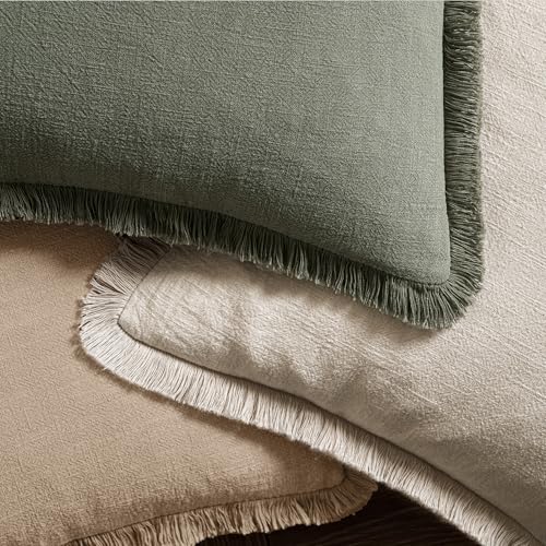MIULEE Decorative Throw Pillow Covers Neutral Linen Fringe Throw Pillows Set of 2 Camel Boho Farmhouse Cushion Covers with Tassels for Couch Sofa Bed Living Room Spring Decor 18x18 Inch - color: Camel, size: 18" x 18" (Pack of 2)