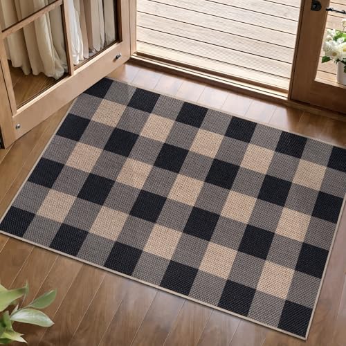 Tangsoo Checkered Easy Jute Rug, 2x3 Washable Ultra Thin Rug for Entryway Non-Slip Black Grey Outdoor Rug,Modern Front Door Mat Carpet for Kitchen Bedroom Porch Doorway - color: Grey Checkered, size: 2x3ft