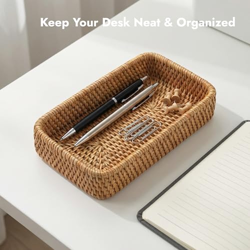 8.3" x 4.3" Small Natural Rattan Storage Tray, Decorative Handwoven Wicker Organizer Keys Tray Catchall, Shallow Rectangular Tray for Snack, Accessories Bathroom & Vanity, Entryway (XS) - color: Natural Xs (8.3" X 4.3")