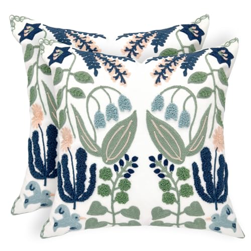 Alysheer Floral Embroidered Spring Decorative Throw Pillow Covers 20"x 20" Set of 2, Farmhouse Cottage Navy Blue Green Flowers Leaves Knit Pattern Cotton Canvas Cushion Case for Couch Bed Living Room - color: - Blue Green, size: 20" x 20" (Pack of 2)