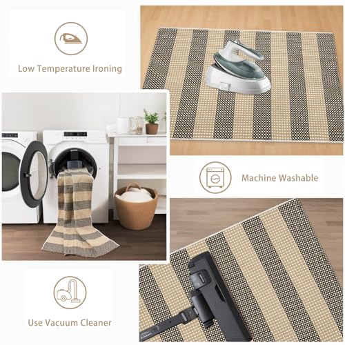 Striped Outdoor Front Door Mat 24"x51", Cotton Hand Woven Rug Indoor Doormat Washable Black and Tan Rug Runner, Foldable Front Door Rugs for Entryway/Farmhouse/Home Entrance - color: Black and Tan, size: 2'x4.3'