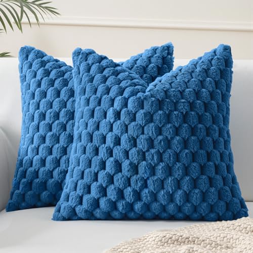 MIULEE Navy Blue Faux Fur Decorative Throw Pillow Covers 18x18 Inch Set of 2 Super Soft Cozy Plush Cushion Cases Luxury Fluffy Pillowcases for Sofa Couch Bed Living Room - color: Navy Blue, size: 18" x 18" (Pack of 2)