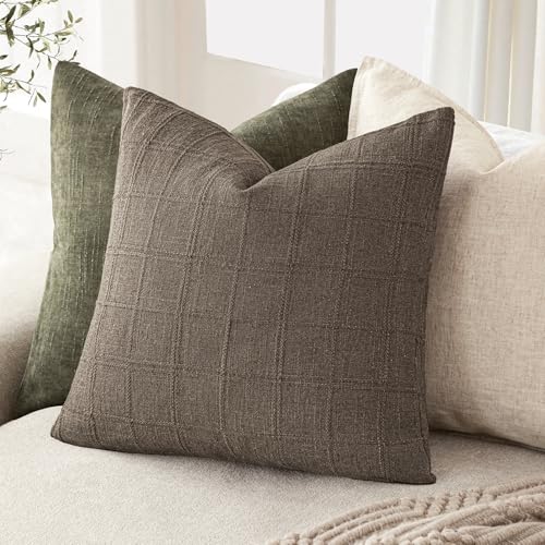 Foindtower Set of 1 Decorative Linen Check Throw Pillow Cover Neutral Farmhouse Vintage Cushion Cover Modern Boho Home Decor for Sofa Chair Couch Bedroom Living Room,16×16 Inch,Taupe Grey - color: Taupe Grey, size: 16" x 16" (Pack of 1)