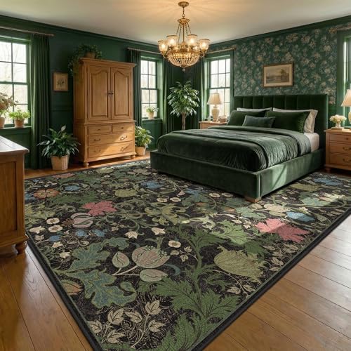 Floral Area Rugs 8x10 for Living Room, Washable Vintage Farmhouse Botanical Rug, Non Slip Low Pile Thin Floor Decor Large Carpet, Soft Decorative Rug for Bedroom Dining Room Home Office Black Green - color: Black, size: 8'x10'