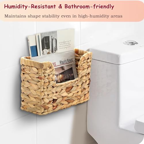 Hanging Magazine Basket, Woven Wall Magazine Holder Organizer with Handle for Mail, Files, Books - Water Hyacinth Farmhouse Storage Rack for Bathroom, Kitchen, Office