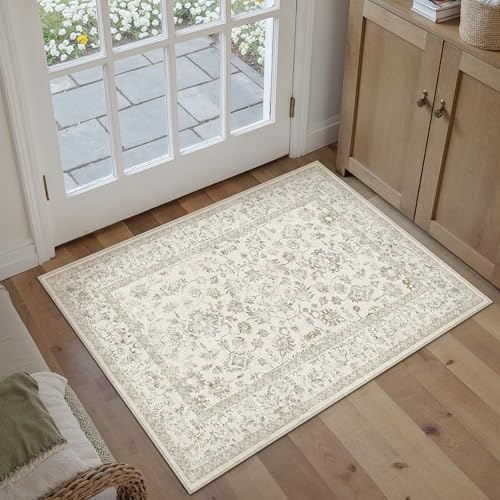 PureCozy 2x3 Taupe Entryway Area Rug Machine Washable Door Mat Kitchen Vintage Distressed Non Slip Carpet Indoor Retro Floral Accent Throw Small Rug for Bathroom Office Bedroom Living Dining Room - color: Taupe Multi, size: 2' x 3' (Rectangular)