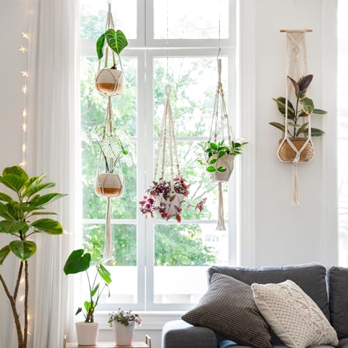 Mkono Macrame Plant Hangers Set of 4 Indoor Hanging Planter Basket Wall Decorative Flower Pot Holder with 4 Hooks for Indoor Outdoor Home Decor Gift Box, Ivory - color: Ivory