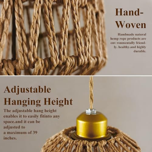 Hand-Woven Hemp Rope Pendant Light, Shell-Shaped Boho Ceiling Lamp with Adjustable Height, E26 Base, Gold Finish, 6 Inch Diameter for Living Room/Bedroom/Dining Areas, cafes & entryways - color: 6”drum-shaped