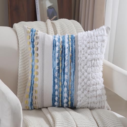 Boho Throw pillow covers 18x18 set of 2 farmhouse decorative Couch pillow covers neutral Accent throw pillows covers striped outdoor cushion covers square textured chenille pillow cases for sofa bed - color: Z New Blue