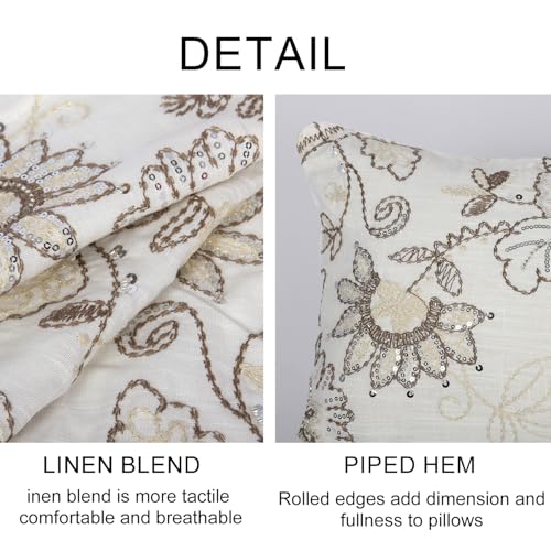 Floral Embroidered Lumbar Throw Pillow Cover 12x 20, Sequin Chinoiserie Flower Neutral Linen Pillow Cushion Cases, Farmhouse Decorative Pillows for Bed, Outdoor Couch White - color: White