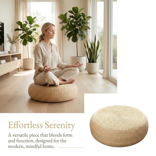 Hand Woven Round Floor Cushion 2 Piece Set, 15.75 Inch Natural Straw Pouf Ottoman, Boho Handmade Seat Footstool for Living Room Bedroom Patio