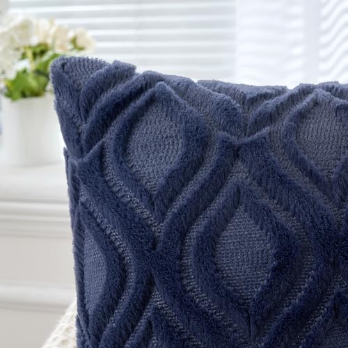 MIULEE Navy Blue Throw Pillow Covers 18x18 Inch, Soft Winter Plush Faux Wool Couch Pillow Covers Set of 2 Decorative Farmhouse Boho Throw Pillows for Sofa Living Room Bed - color: Navy Blue, size: 18" x 18" (Pack of 2)