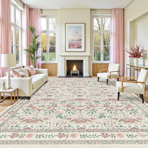 Deerly Extra Large Washable Area Rug 10x14 for Living Room Green Floral Vintage Soft Low Pile Indoor Carpet for Bedroom Boho Non-Slip Floor Mat for Dining Room Playroom, Beige/Light Pink/Multi - color: Beige/Light Pink/Multi, size: 10' x 14' (Rectangular)