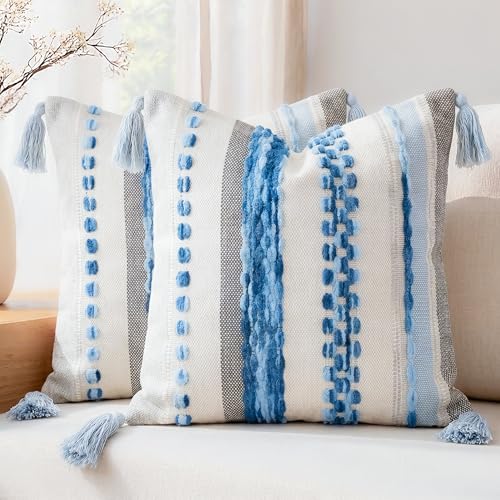 PANOD Chenille Farmhouse Throw Pillow Covers 16 x 16 Blue, Neutral Boucle Couch Pillow Cover, Striped Decorative Boho Coushion Cover Pillow Case for Couch Bed Sofa Bedroom,Modern Accent,Set of 2 - color: Sky Blue Tone, size: 16" x 16" (Pack of 2)