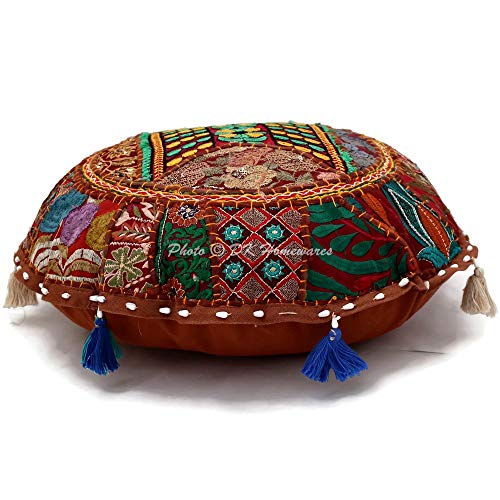 Round Bohemian Floor Pillow Boho Dark Brown 18 Inch Patchwork Yoga Ottoman Stool Home Decor Embroidered Vintage Cotton Indian Floor Cushion Adult 45 cm